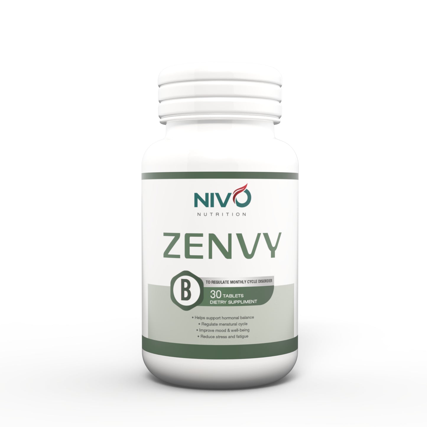 A white plastic bottle of NIVO Nutrition ZENVY dietary supplement with a white label featuring green and dark gray text and accents, set against a plain white background.