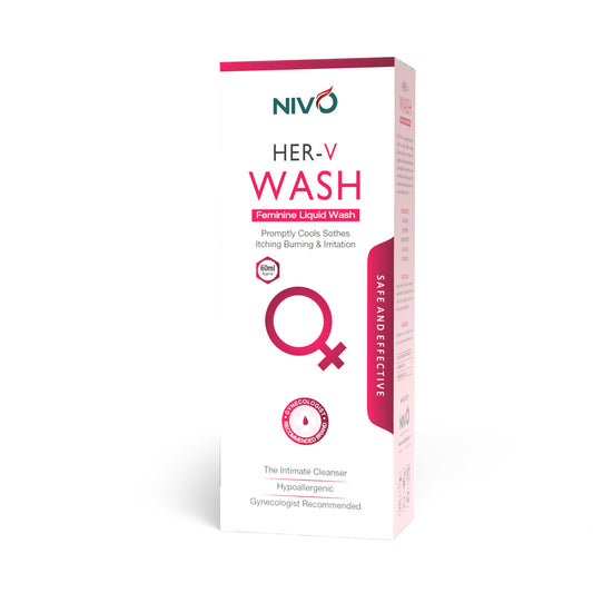NIVO Her-V Wash Feminine Liquid Wash in a white rectangular box with pink and green text and graphics, shown on a plain white background.