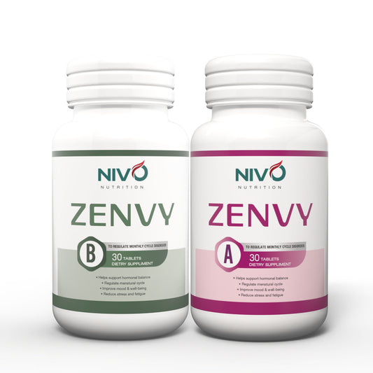 Two white supplement bottles from NIVO Nutrition, labeled ZENVY, shown side by side on a white background. The left bottle is labeled B with green accents, and the right bottle is labeled A with pink accents.