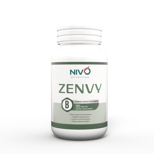 A white plastic bottle of NIVO Nutrition ZENVY dietary supplement with a white label featuring green and dark gray text and accents, set against a plain white background.