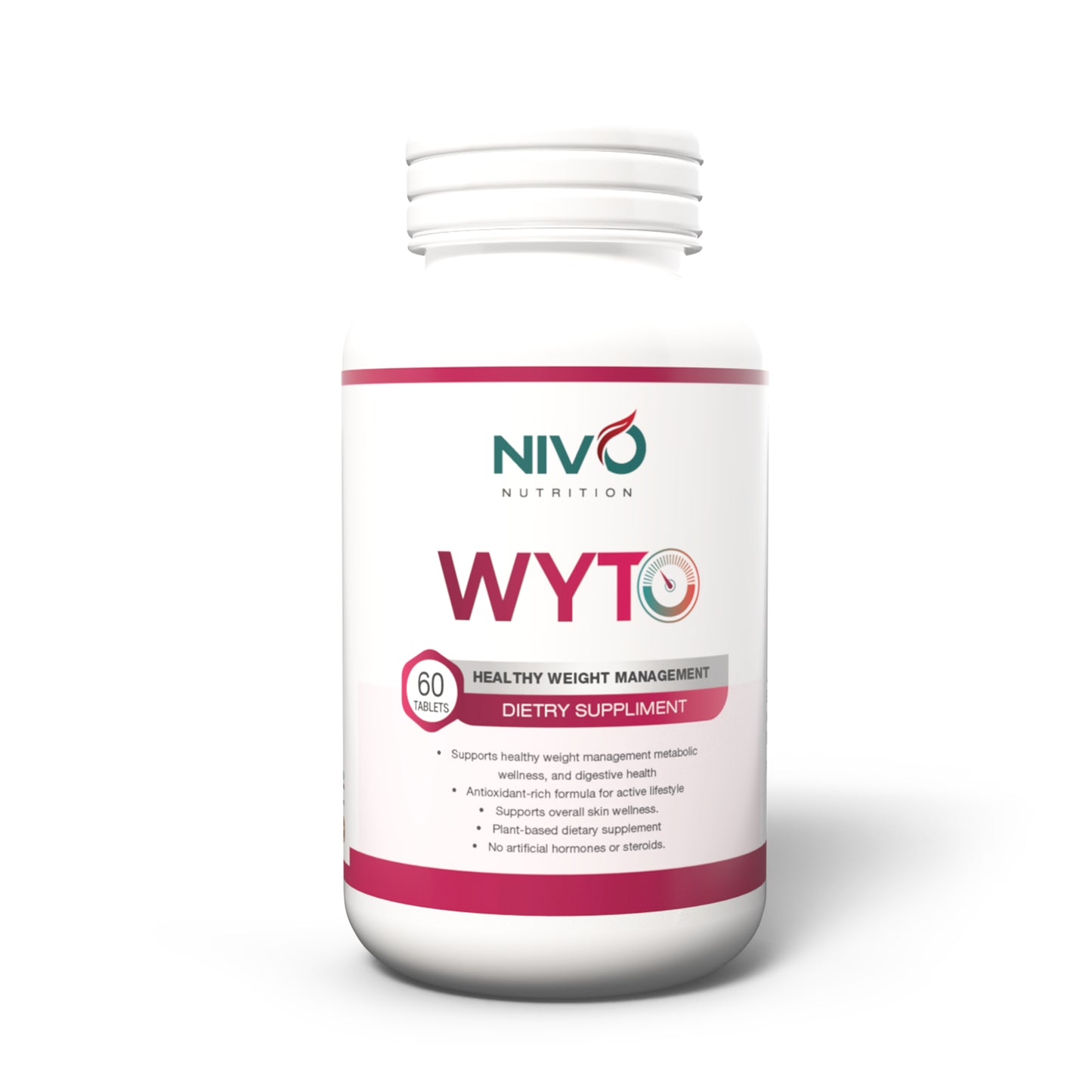 A white plastic bottle of NIVO Nutrition WYTO dietary supplement for healthy weight management, featuring a white label with pink and green accents and text, set against a plain white background.