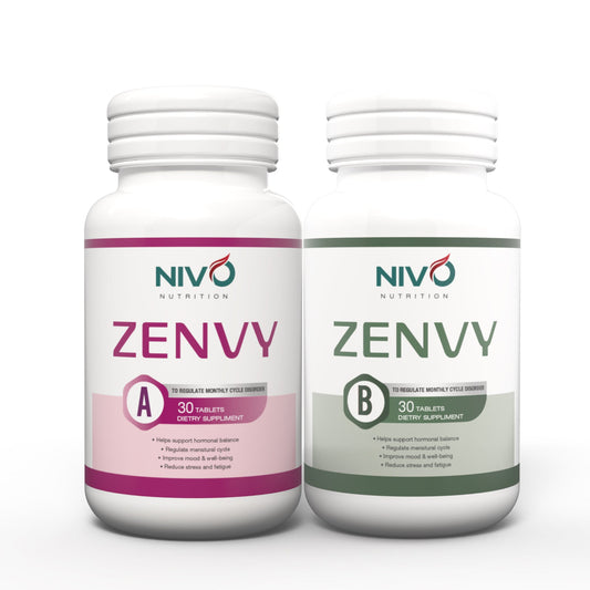 Two white supplement bottles from NIVO Nutrition labeled ZENVY, shown side by side on a white background. The left bottle, labeled A, has a pink accent band and magenta text.