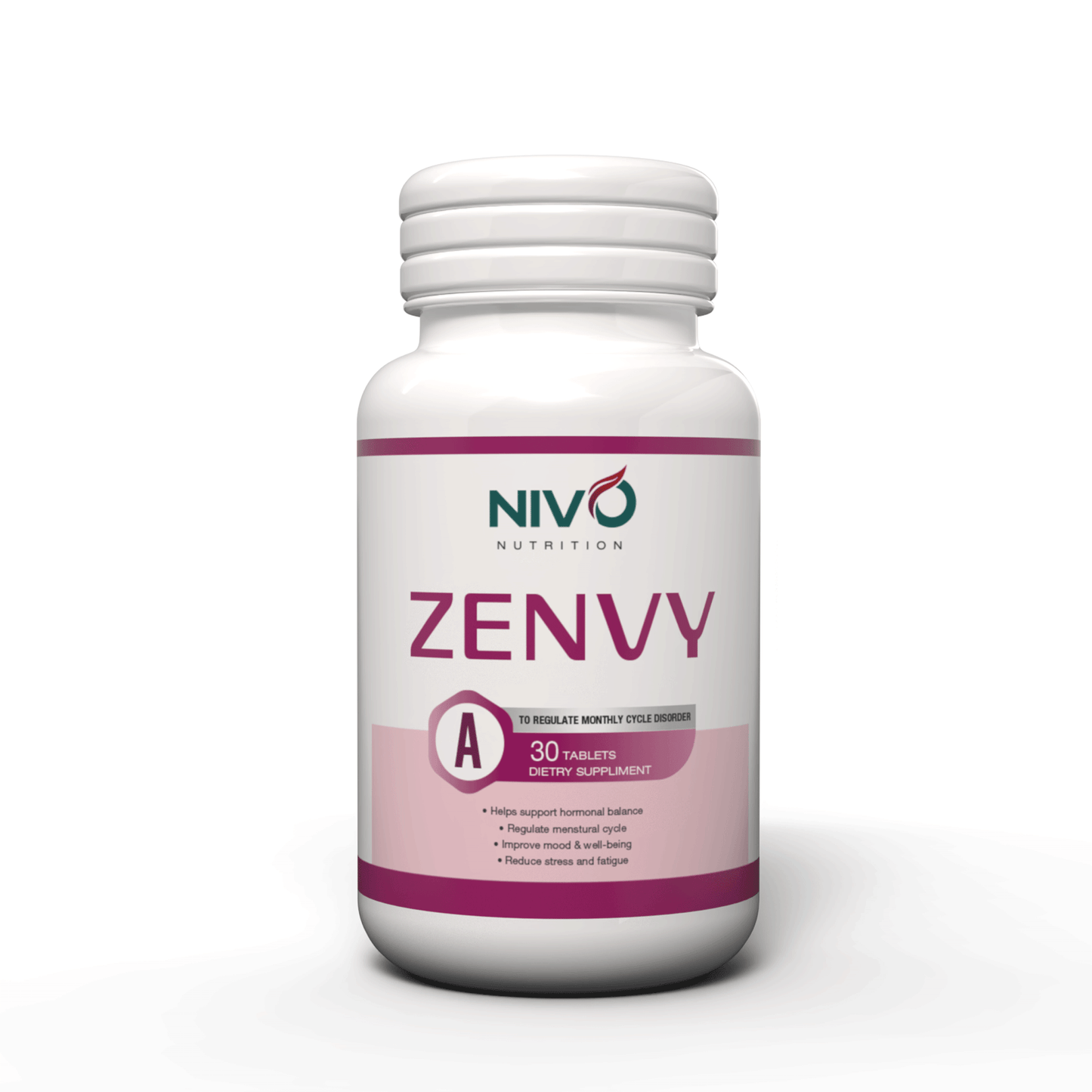 A white plastic bottle of NIVO Nutrition Zenvy dietary supplement with a white cap, featuring a label with pink and green branding on a white background.
