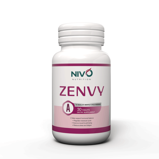 A white plastic bottle of NIVO Nutrition Zenvy dietary supplement with a white cap, featuring a label with pink and green branding on a white background.
